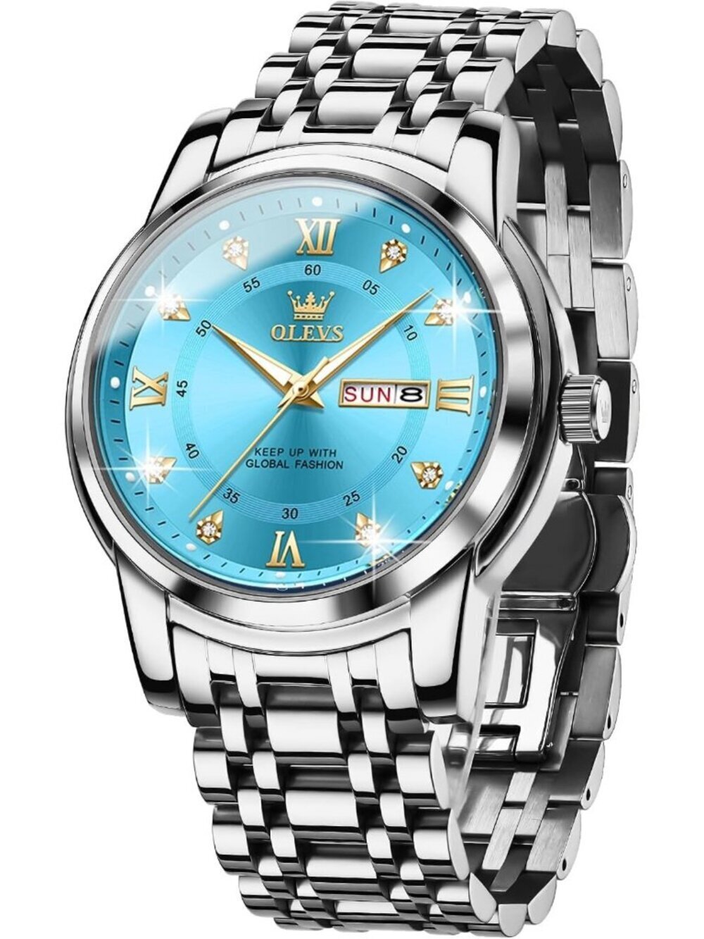 Men's Silver Blue Quartz Stainless Steel Waterproof Luminous Luxury Wooden Watch
